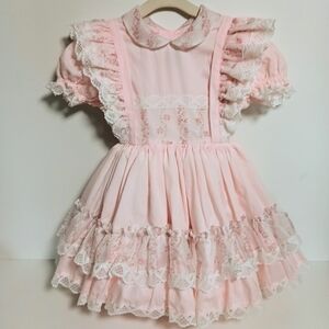 Vintage 80s Girls Cricle Tiered Layered Party Dress Pink White Betty Oden